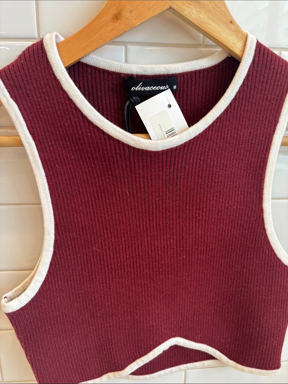 Olivaceous Ribbed Crop Tank - Burgundy with Cream Trim